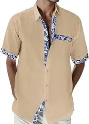 [Generic] Cowboy Outfit Men Beach Holiday Shirt Short Sleeve Cardigan Shirt Mens Cuff Button Contrast Lapel Shirt Men Summer T Shirts