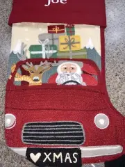 Rare Pottery Barn CREWEL Santa & Deer In Car CHRISTMAS STOCKING Monogrammed