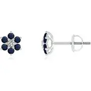 Six Petal Diamond and Sapphire Flower Stud Earrings