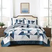 camandy Cotton Quilt Bedding Sets 3 Pieces Soft Reversible Coverlets Luxury Star Real Patchwork Bedspread, Blue White, King Size
