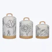 S/3 Ceramic Human Nature Canister Set-White with black floral design and wood ba