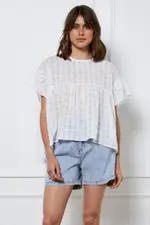 White Top Short Sleeve Crew Neck Linen - Size 14, Women's Peplum