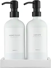 MaisoNovo Glass Soap Dispenser with Pump | Vintage Soap Dispenser Bathroom and Kitchen Soap Dispenser Set with Dish Soap, Hand Soap, Lotion Waterproof Labels | White Bottles Black Pumps - Set of 2