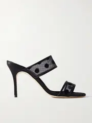 [Manolo Blahnik] Manolo Blahnik - Scolobi 90 Satin-trimmed Flocked Mesh Sandals - Black - IT40.5 IT 40.5 Black