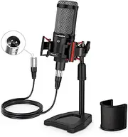 PROAR Condenser Microphone XLR, Cardioid Pickup Pattern, 48V Phantom Power Required, Shock Mount & Pop Filter Included, Sturdy Base & Height Adjustable Stand