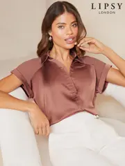 Lipsy Pink Satin Short Sleeve Button-Through Shirt (AY9267) | $83