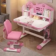 Kids Adjustable Study Desk & Chair Set, Pink Girl Desk, Child Toddler Homework Table, Princess Children Preschool Desk for Writing Homework w/Drawers, Bookshelf, Escritorio Mesas para Niña (Pink2)