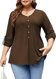 [Beauhuty] Plus Size Tops for Womens V Neck Tunic Pleated Front Trendy Shirts Casual Flowy Dressy Blouses Long Roll up Sleeves