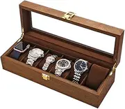 LESTAR Watch Box, Executive 6 Slots Watch Case with Valet, Glass Topped Wooden Watch Display Case Watch Organizer, Jewelry Storage Case