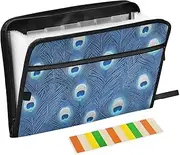 Blue Peacock Feather Expandable File Folders 13 Pockets A4 Letter Size Expanding File Jacket with Zipper Closure Duty Expanding File for Home Office Travel