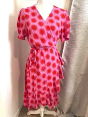 DIANE VON FURSTENBERG Emilia Sun Print Pink Red Wrap Dress Bubble Sleeve Large