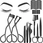 48 Pieces Eyelash Curler Makeup Tools Set, include Mini Eyelash Curler Kit, Eyebrow and Eyelash Extension Tweezers, Eyelash Eyebrow Brush Comb and Eyelashes Scissors, Silicone Refill Pads (Black)