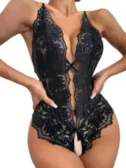 NEW HearTips Bodysuit Lace Black Teddy Crotchless Size Small Lingerie
