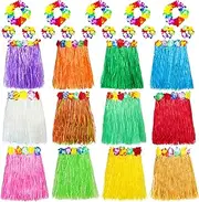 Garma Kids Grass Skirt Bulk Includes 12PCS Hawaiian Luau Hula Skirts + 12 PCS Headbands +24PCS Wristbands for Hawaiian Themed Parties, Tropical Themed Party Dance, Show, Activity, Festive Occasions