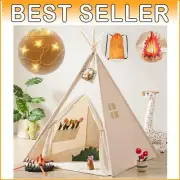 Durable Cotton Canvas Kids Teepee Tent with 13ft Lights - Portable & Foldable
