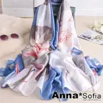 【ANNASOFIA】仿絲披肩絲巾圍巾-夢荷錦鯉 亮緞面 現貨(藍系)