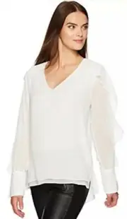 NWT Womens BCBG Max Azria Gael Off White Blouse Shirt Ruffle Long Sleeve XXS
