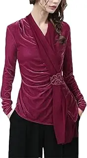 [Generic] Womens Chiffon Ribbon Long Sleeve V-Neck Slim Cinched Waist Shirt