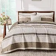 DJY Quilt Set Queen Size Brown, 3 Pieces Patchwork Striped Bedspread Coverlet Set, Soft Lightweight Boho Quilted Bedding Set for All Season(1 Quilt, 2 Pillowcases)