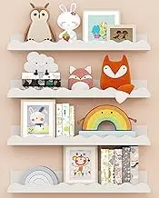 Kids' Bookshelf Set of 4 - White Floating Nursery Book Shelves, Picture Ledge Shelf for Wall Decor and Storage - Perfect for Books, Toys, Photo Frames, and Nursery Décor (White)