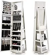 Costway Mirror Jewellery Cabinet Standing, 360 Rotatable Lockable Jewelry Armoire, 3-in-1 Makeup Jewelry Organizer w/Full Length Mirror & Large Capacity, White
