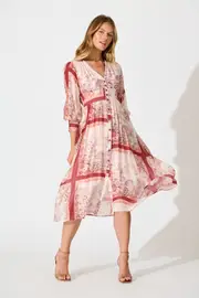Liaison Midi Dress 3/4 Sleeve in Pink Multi Blush Patchwork Print 8