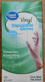 GREAT VALUE VINYL POWDER FREE DISPOSABLE GLOVES ONE SIZE 100 GLOVES BOX