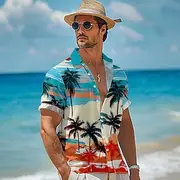 Men's Linen Shirt Beach Shirt Summer Hawaiian Shirt Coconut Tree Performance Vacation Navy Blue Sky Blue Short Sleeve Turndown Summer Spring Clothing Apparel