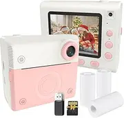 Instant Print Camera Digital Camera for 1080P Digital Video Camera Dual Lens 2.8 Inch IPS Screen Built-in Battery P Frames with 3 Rolls Thermal Printing Paper Neck Strap 32GB TF Card & Pink