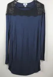 Old Navy Tunic Top Women PS Blue With Black Lace Trim Long Sleeve Stretch Rayon