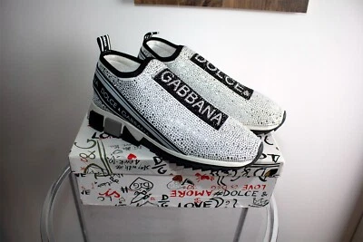 DOLCE & GABBANA Crystal DG Logo Slip-On Sneaker SORRENTO White Black NEW w/ Box