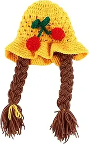 [Beavorty] Braided Wool Hat Boys and Girls Knitted Beanies Baby Hat Winter Warm Cherry Yellow Fashion Stylish for Photoshoots