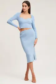 Blue Knit Skirt Midi Side Split - Size L, Women's Midi Bodycon