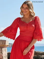 Sosandar Red 100% Cotton Petite Embroidered Top With Broderie Trim (Q61102) | $127