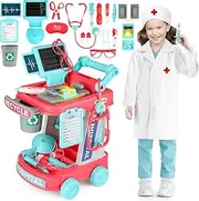 deAO Toy Doctor Kit for Kids Ages 3+, Pretend Play Medical Station Set, Toddlers Doctor Role Play Costume Dress Up Playset with Mobile Cart, Stethoscope and Thermometer, Medical Kit (Pink)