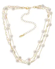 Ettika Dressed In Pearls Cubic Zirconia & Imitation Pearl Layered Collar Necklace in 18K Gold Plated, 15-20