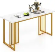 Giantex 160CM Modern Dining Table for 6-8 People, Rectangular Kitchen Table w/Faux Marble Tabletop, Metal Legs, Large Dinette Table for Dining Room, Living Room, Restaurant, Gold & White
