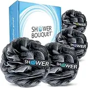 Shower Bouquet Loofah Charcoal Bath Sponge XL 75g Set by : 4 Pack, Extra Large Mesh Pouf Soft Scrubber for Men and Women - Exfoliate with Big Black & White Gentle Cleanse in Beauty Bathing Accessories