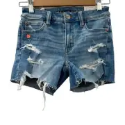 American Eagle Light Wash Next Level Stretch Midi Distressed Denim Shorts Sz 00
