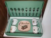 Sakura Confections 16pc Set 8" Stoneware Dessert Plates Mugs Spoons Fork Box NEW