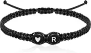 [DOLLRINBOY] Initial Black String Bracelets with for Women Men Teen Girls Boys Handmade Adjustable Rope Braided with Letter A-Z Black Letter Heart Bracelet for Matching Couple Bracelets Friendship Bracelets