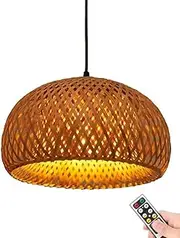 Battery Operated Rattan Pendant Light Fixture with Remote,Wireless Ceiling Hanging Light,No Wiring Pendant Lighting Bamboo Wicker Chandelier Hanging Lamp for Kitchen Island Living Room Dining Room(Bat