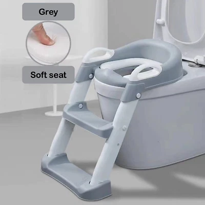 GREY Kids toilet trainer potty training step up ladder cushioned girl boy seat