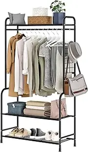 Forthcan Metal Clothing Rack with Top and Bottom Shelves and Side Meshes Clothes Garment Rods Portable Garment Rack Freestanding Hanger Space Saving Clothes Organizer for Hanging Clothes (Black)
