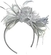Caprilite Silver Grey Net Hoop Feather Hair Fascinator Headband Wedding Royal Ascot Races, Unisize, Silver