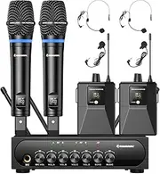 Wireless Microphone System 4 Channel UHF Wireless Mic Set with Handheld/Bodypack/Headset/Lapel Mics with Bluetooth Receiver Box + Volume Control Echo for Karaoke PA DJ Party