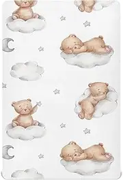 Joisal Teddy Bears on Clouds Mini Crib Sheets Fitted Toddler Bed Sheets for Boys Breathable Crib Sheets Girl 52"x28" Play Yard Sheets