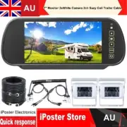 7" Monitor 2x White 4PIN CCD Rearview Camera Suzy Coil Trailer Cable For Trailer
