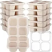 Ziliny 12 Pcs 4 Divided Compartments Snack Containers Bento Wheat Straw Snack Box with Lid Reusable Meal Prep Lunch Box Food Storage Containers for Adults Travel Work(Beige)