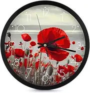 YKLBV Round Wall Clock 10 Inch Silent Non Ticking Clock Red Poppy Flower Modern Clock for Living Room Bedroom Home Office Classroom Decor
